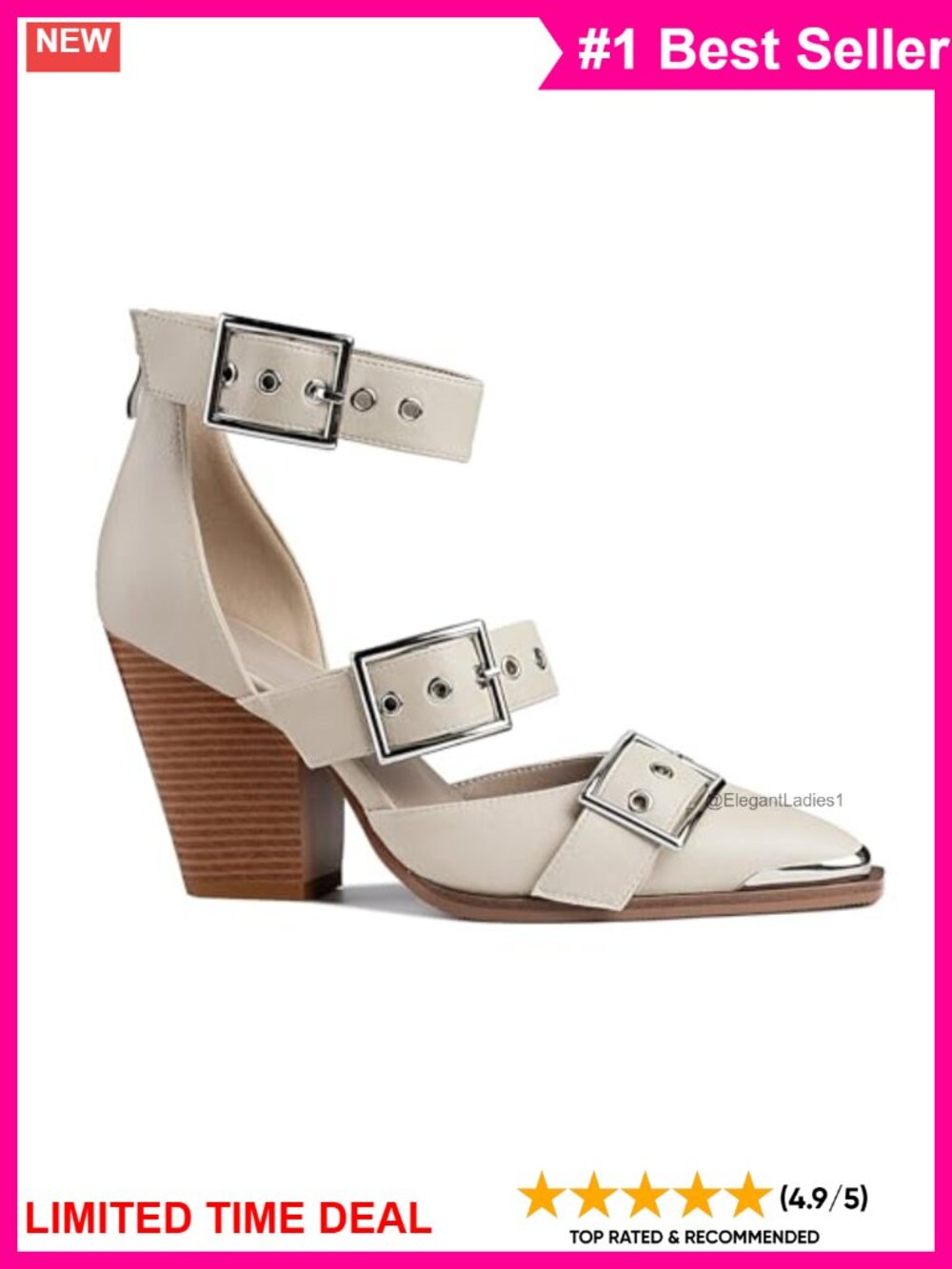 Western Pointed Toe Block Heel Pumps Faux Leather Buckle Ankle Strap Heels